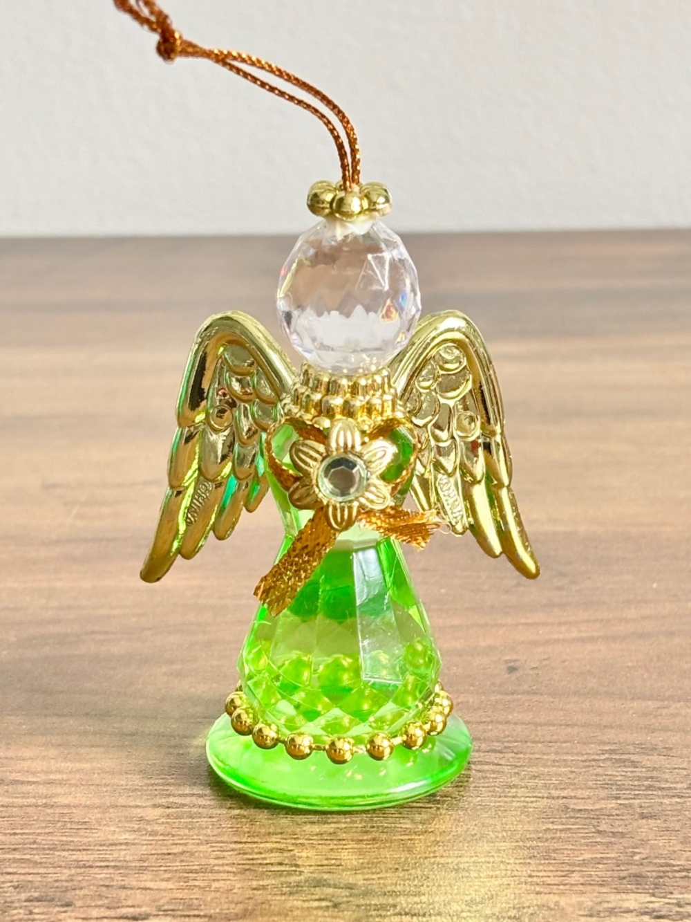 VINTAGE Green Crystal Style Angel Gold Wings Halo Flower Acrylic Roman Ornament